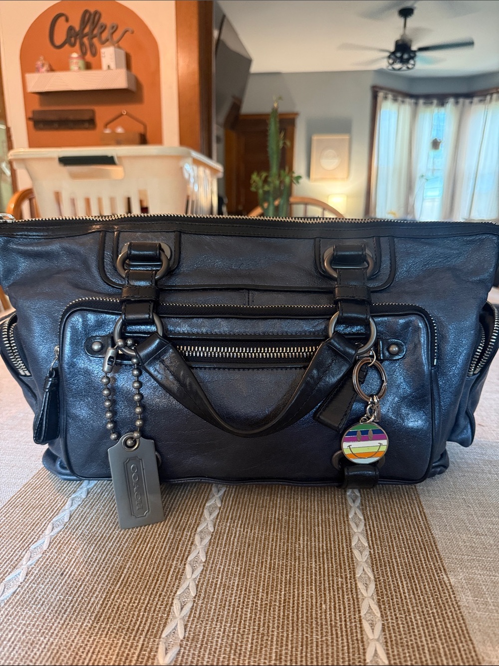 Coach Metallic Black/Blue Leather Shoulder Bag with Zip Front- Vintage
